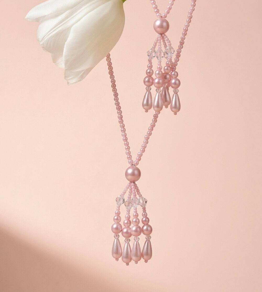 Pink Faux Pearl Double Strand Tassel Necklace Magnetic Clasp